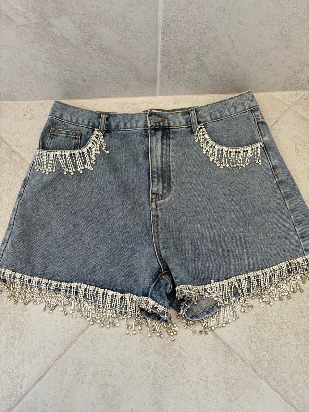 SHEIN Beaded Fringe Denim Shorts - Light Blue